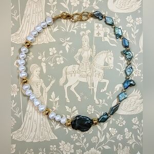 Natural  Green Pearls With Coin Center & White Pearls In Assymetrical Necklace